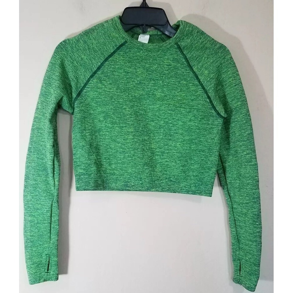 Fabletics‎ Seamless Crop Top Women size M Long-Sleeve Bri-Ribbed Thumbhole Green